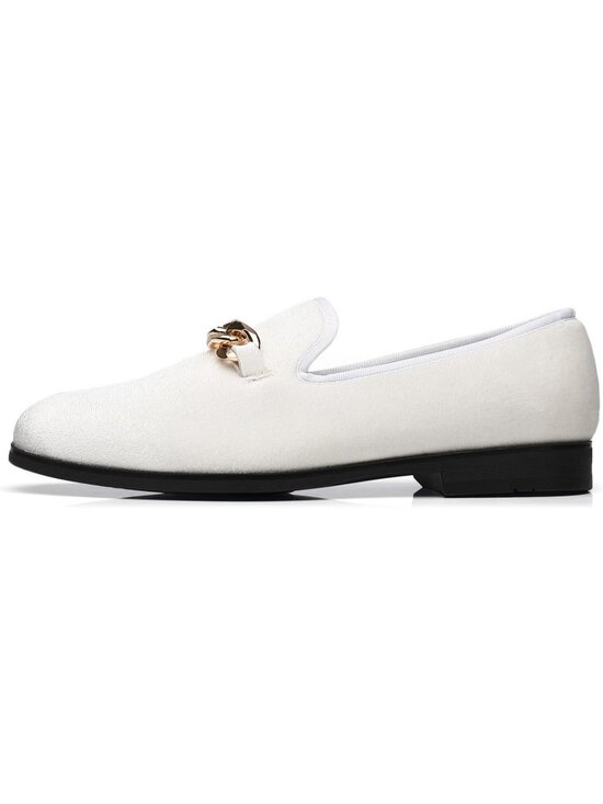 FOEVTRUE Men\'s White Velvet Loafers Gold Chain Buckle Slip On Fashion Shoes